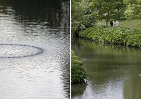 Cylinder, 2008, Aluminium, pump, rubber hose , Diameter 300 cm, height 50 cm , Purchased by Odense Bys Kunstfond, installed permanently in the public domain of Odense.