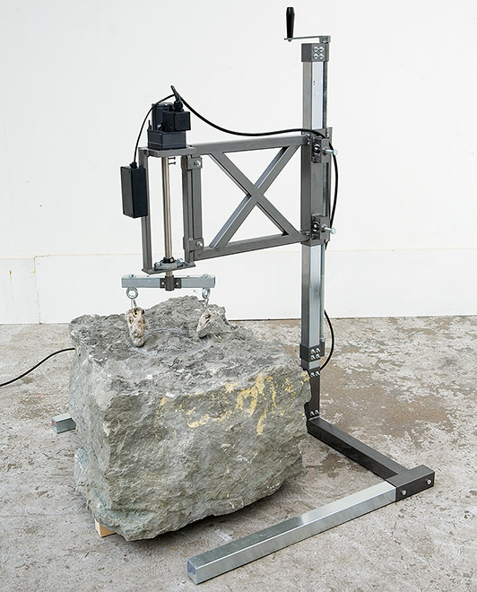 Henrik Menné Stone and Stone 2007 grey Øland limestone, flint, iron, engine, machine 120 x 90 x 90 cm