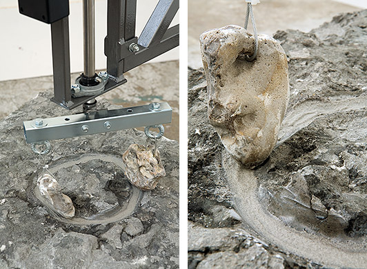 Henrik Menné Stone and Stone 2007 grey Øland limestone, flint, iron, engine, machine 120 x 90 x 90 cm