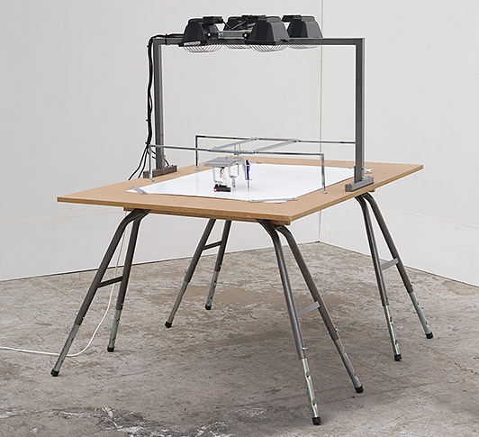 Henrik Menné Drawing Machine 2007 ballpoint pen, paper, mdf, aluminum, iron, engine machine 140 x 105 x 155 cm drawings ca. 70 x 100 cm