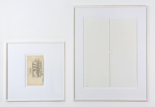 left: Franciska Clausen A sketch to the painting Skruen. 1925 pencil and crayon on paper 21 x 11 cm right: Christian Vind Untitled 2007 letraset and Indian Ink on paper 48 x 36 cm