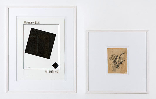 left: Christian Vind Dynamisk ulighed (Dynamic Inequality) 2005 collage and Indian ink on paper 40 x 30 cm right: Franciska Clausen A possible sketch to the painting Kontraster Approx. 1927 Pencil on paper 17x13 cm