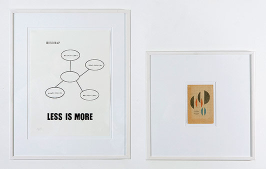 left: Christian Vind Mindmap 2006 stamp and Indian ink on paper 40 x 30 cm right: Franciska Clausen A possible sketch to the painting Halvcirklerne, approx. 1920-30 pencil and crayon on paper 15 x 10 cm