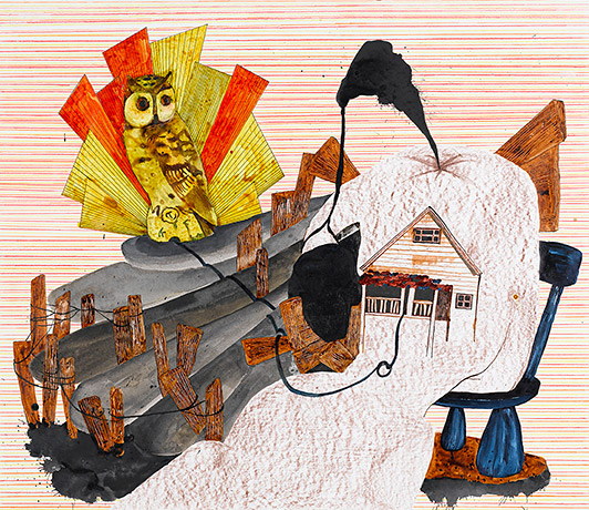 Mie Mørkeberg Sat og indhegning 2007 oil pastel, crayon, Indian ink and white acrylic on paper 71 x 81 cm