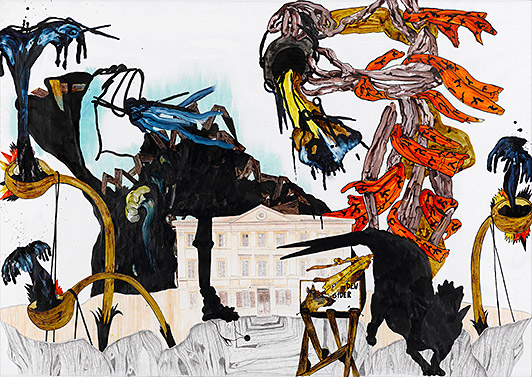 Mie Mørkeberg Hunden bider 2007 crayon, pencil, pastel, Indian ink and white acrylic on paper 106 x 150 cm
