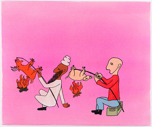 Andreas Schulenburg U.T. (from series of six paintings: Akmit og Kurt) 2008 posca tusch, ink, lacquer on canvas each piece 50 x 60 cm Purchased by Københavns Kommunes Kulturudvalg