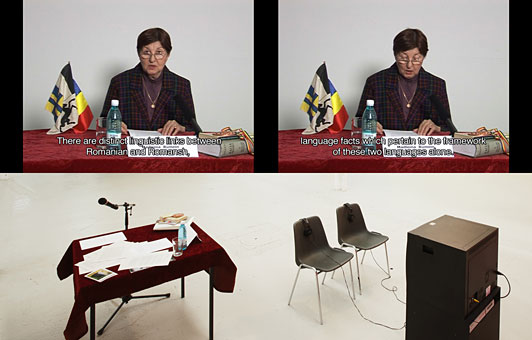 Videostill from: Alexandra Croitoru TRUTH asks for two things: somebody to voice it and… somebody to hear it 2009 mixed media installation & video DVD 16’08’’ edition 5+2ap Installation view: Shedhalle, Zürich