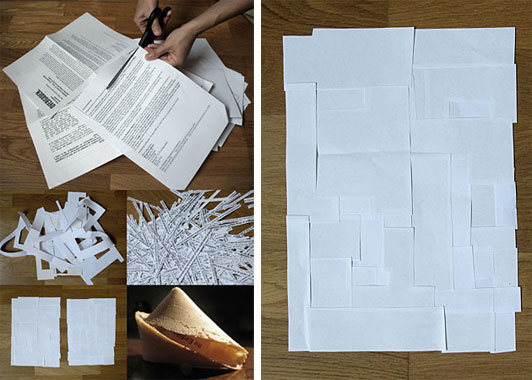 Alexandra Croitoru Untitled (Press Releases) 2009 series of 10 reconstructed blank A4 sheets + fortune cookies to be served at the opening