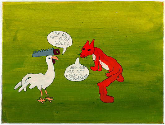 Andreas Schulenburg U.T. (from series of six paintings: Reven og hønen) 2008 Indian Ink, alkyd, oil, acrylic, lacquer on canvas each piece 30 x 40 cm