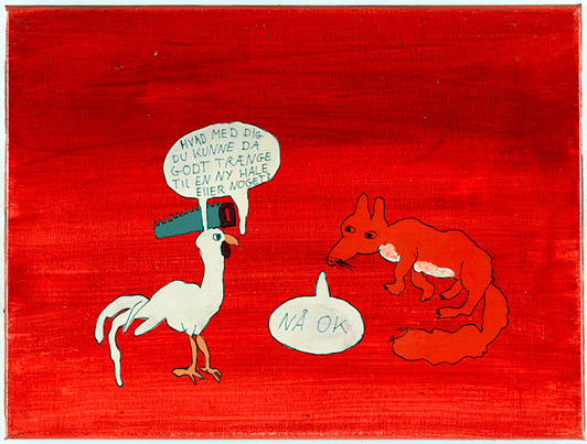 Andreas Schulenburg U.T. (from series of six paintings: Reven og hønen) 2008 Indian Ink, alkyd, oil, acrylic, lacquer on canvas each piece 30 x 40 cm