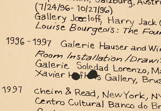 Joan Linder Resume: Louise Resume 2008 ink on handmade paper 4 parts of 101,6 x 76,2 cm (detail)