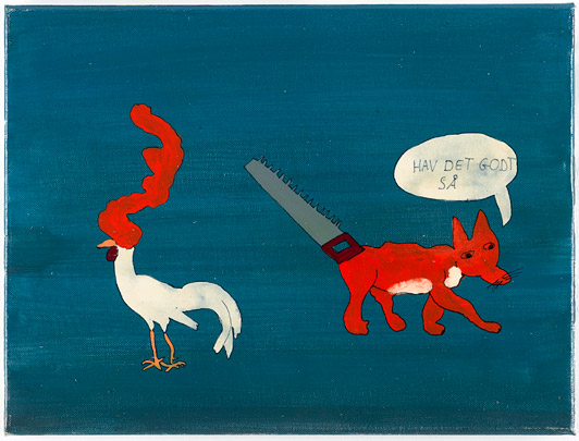 Andreas Schulenburg U.T. (from series of six paintings: Reven og hønen) 2008 Indian Ink, alkyd, oil, acrylic, lacquer on canvas each piece 30 x 40 cm
