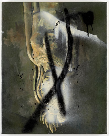 left: Claus Carstensen Defaced unidentified Cambodian painting (goddess) 2006 oil and spray on cloth 50 x 40 cm