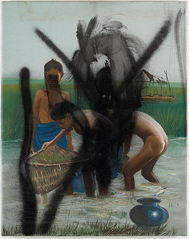 right: Claus Carstensen Defaced unidentified Cambodian painting (naked boys fishing) 2006 oil spray on cloth 50 x 40 cm