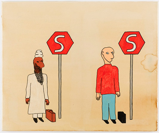 Andreas Schulenburg U.T. (from series of six paintings: Akmit og Kurt) 2008 posca tusch, ink, lacquer on canvas each piece 50 x 60 cm Purchased by Københavns Kommunes Kulturudvalg