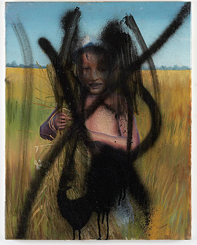 left: Claus Carstensen Defaced unidentified Cambodian painting (boy with cap). 2006 oilandspray on cloth 50 x 40 cm