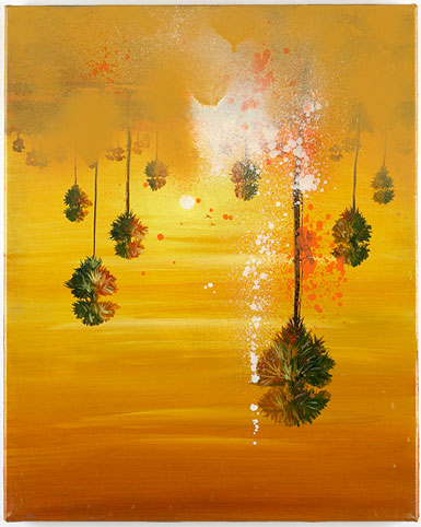 right: Claus Carstensen Defaced unidentified Cambodian painting (sunrise) 2006 oil and spray on cloth 50 x 40 cm
