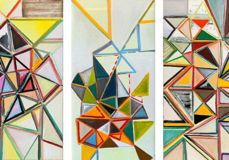 Anna Sørensen: Uden titel. 2013, akryl og olie på lærred, 3 x (80x40 cm)