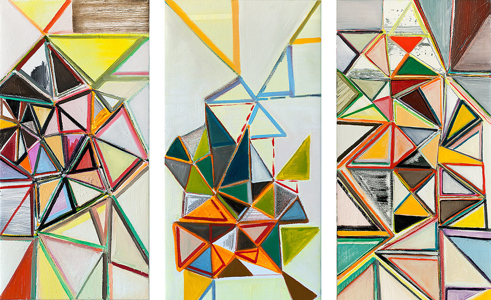 Anna Sørensen: Uden titel. 2013, akryl og olie på lærred, 3 x (80x40 cm)