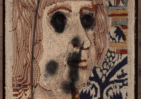 Claus Carstensen: Defaced Dorothy Margaret Swanson Feut 1968 Lore. 2012, spray on tapestry, 41 x 33 cm