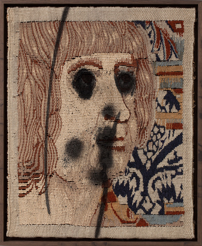 Claus Carstensen: Defaced Dorothy Margaret Swanson Feut 1968 Lore. 2012, spray on tapestry, 41 x 33 cm