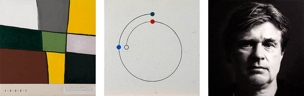 Christian Skeel: Thomas Scheel - arkitekt. 2012-13, 1. Akryl på lærred / 2. Akryl og print på lærred / 3. Olie på lærred - 3 x (40 x 40 cm).