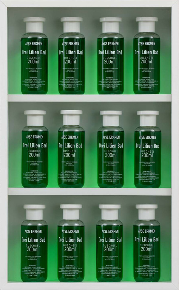 Ayse Erkmen: Drei Lilien Bad, 2002. 12 bottles filled with shower gel composed by the artist, wooden box, 53 x 32,5 x 8 cm. Edition Block