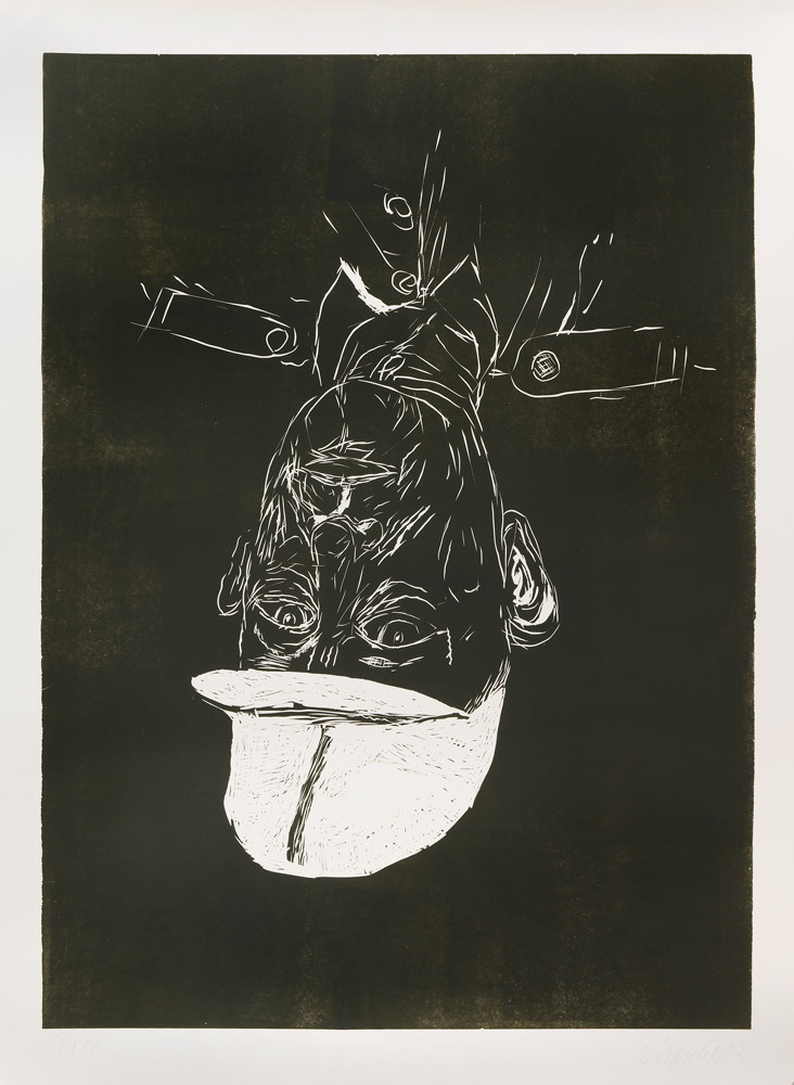Georg Baselitz: Meine neue Mütze. 2002, linocut, black colour on custom made paper, 228 x 170 cm, ed. 6. Signed “Till G Baselitz 02”