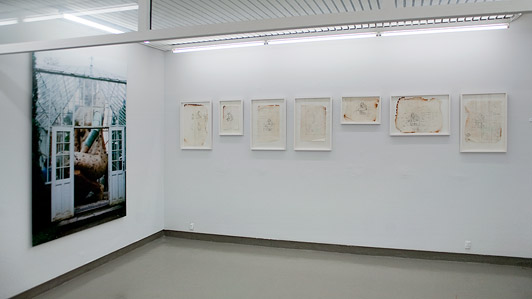 Documentation of the installation ”I Drivhuset” by Susanne Ussing, installed at Ordrupgaardsamlingen 1980. At the exhibition presented as sketches and as C-Print diabond 175 x 124 cm