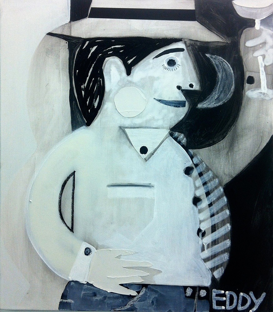 Austin Eddy To the good life 2013 charcoal, ink, acrylic, cut paper, enamel, oil pastel and caulk on canvas 61 x 51 cm