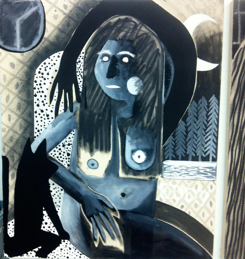 Austin Eddy Best Friends 2013 ink, charcoal, acrylic, enamel, caulk, oil, oil pastel, on canvas 61 x 51 cm