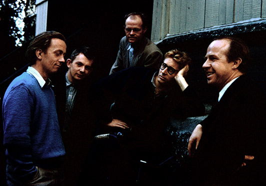 Ib Geertsen, Albert Mertz, Søren Georg Jensen, Gunnar Aagaard Andersen and "Bamse" Kragh Jacobsen at Den Frie Exhibition Hall, Østerport. 12.9.1949. Photo: Richard Winther.