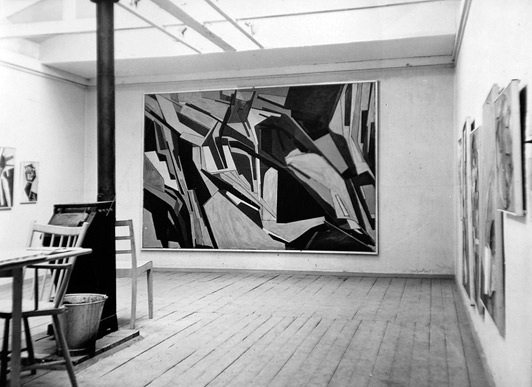 Installation view from Richard Winther's retrospective at Trefoldigheden, Copenhagen, 1.3 - 24.10 1951. The end wall shows the work "Pastorale", 204 x 302 cm. Photo: Richard Winther.