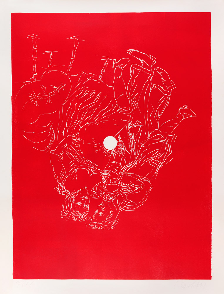 Georg Baselitz: Rendez-vous am Sonntag. 2002, linocut, red colour on custom made paper, 228 x 1 70 cm, ed. 6 (3 black, 2 black with white circle and 1 red). Signed “Till G Baselitz 02”