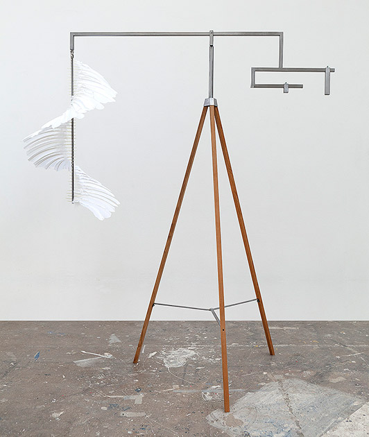 Henrik Menné Fjerstativ (Feathers Tripod) 2012 Feather, iron, teak, and video (as documentation) 192 x 185 x 80 cm