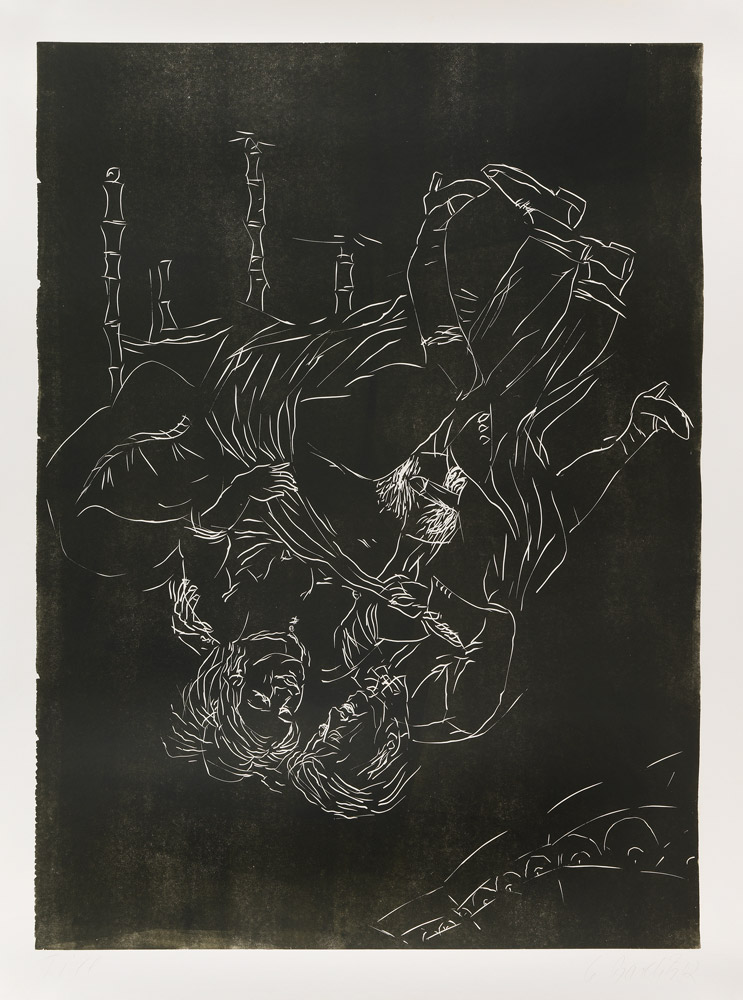 Georg Baselitz: Belle Voilette. 2002, linocut, black colour on custom made paper, 228 x 170 cm, ed. 6 (3 black, 2 black with white circle and 1 red). Signed “Till G Baselitz 02”