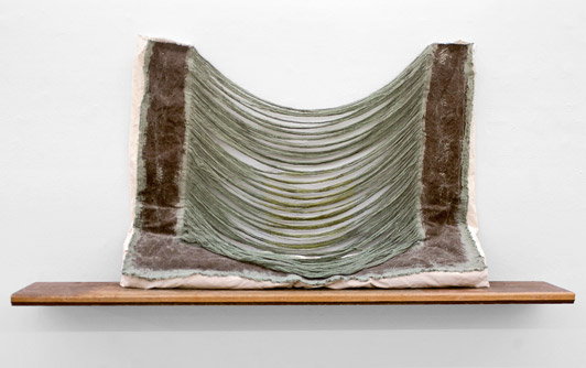 Jess Fuller Slacker 2011 Acrylic, fabric dye, stuffed canvas and wood shelf 90 x 182 cm