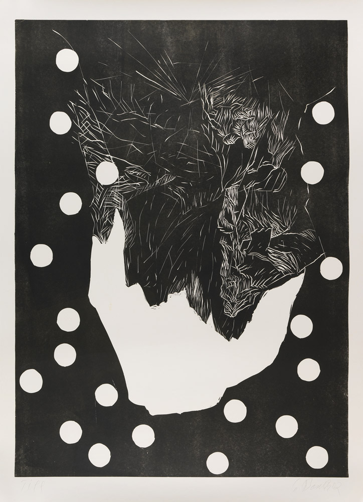 Georg Baselitz. Indianergrab. 2002, linocut, black colour on custom made paper, 228 x 170 cm, ed. 6. Signed “Till G Baselitz 02”