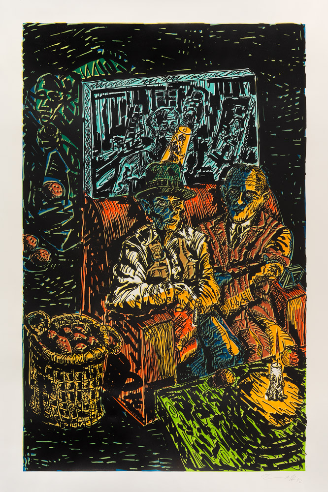 Jörg Immendorff: Café de Flore Nr.6, Section de merde allemand (sentimental). 1991, Linocut, 240 x 160 cm, ed. 12