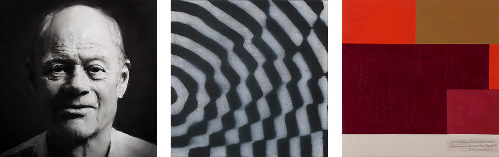 Christian Skeel Clive Ellegaard - fysiker 2012-13 1. Olie på lærred 2. Olie på lærred 3. Akryl på lærred 3 x (40 x 40 cm)