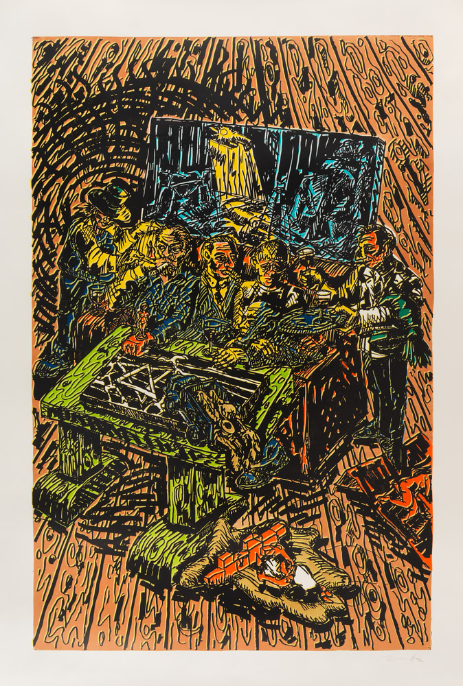 Jörg Immendorff: Café de Flore Nr. 3, Ready-made de l’histoire dans Café de Flore 1991, linocut, 240 x 160 cm, ed. 12
