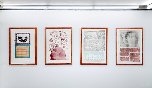 Kirsten Justesen Babyen - 1974-75 E.T. silk-screen printing 90 x 60cm - ed. 25 Omstændigheder / Kong Salomon - 1970-71 E.T. silk-screen printing 87 x 61cm - ed. 20 Offentlige Korpsbilleder - 1973-75 E.T. silk-screen printing, 95 x 64cm - ed. 20 Private Jordbærbilleder - 1973-75 E.T. silk-screen printing, 95x64cm, ed. Collection: The New Carlsberg Foundation (Three works)