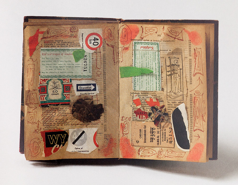 Arthur Køpcke Uden titel 1962 bog "Socialreformer", sider sammenklistret og collage 17,5 x 12,5 x 5,5 cm (lukket)