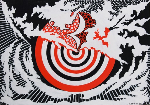 Albert Mertz: Skydeskive i sne, 1964, Gouache og tusch på papir, 31x34 cm