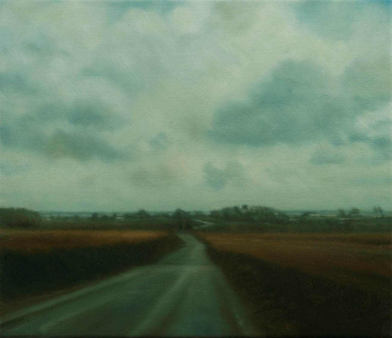 Ulrik Møller: Landskab (Vester Åby). Olie på lærred, 30x35 cm, 2014.