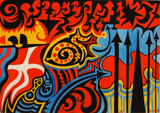 Albert Mertz: Da Dannebrog fra himlen faldt, Albert Mertz: Da Dannebrog fra himlen faldt. Gouache and ink on paper, 31x34 cm, 1964