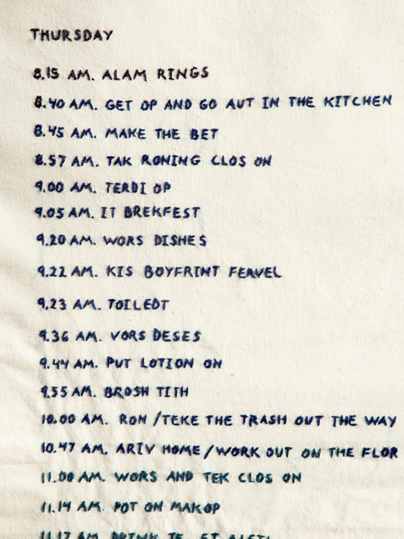 Gudrun Hasle: minutes, hours, days, week (Thursday - detail). Embroidery on canvas, 145 x 65 cm, 2010