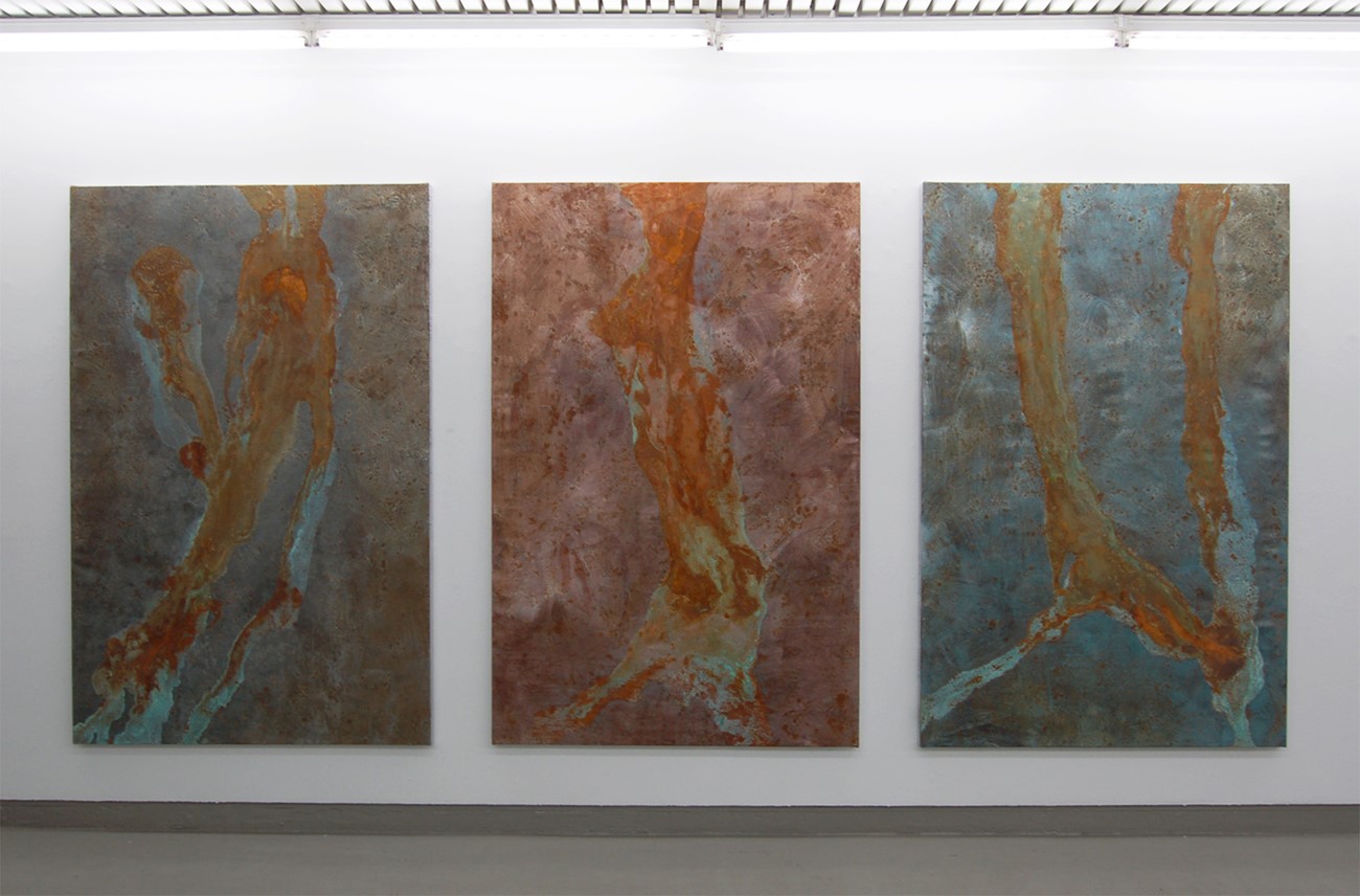 Kristian Kragelund: Profile 1, 2 & 3. Acid on canvas with homemade metal-infused paint. 175x120 cm each, 2015. Installation view.