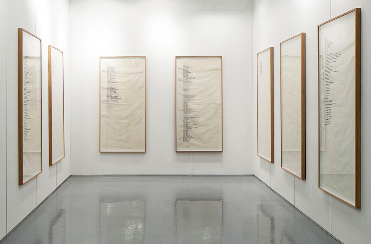 Gudrun Hasle: minutes, hours, days, week. Embroidery on canvas, 145 x 65 cm x 7, 2010
