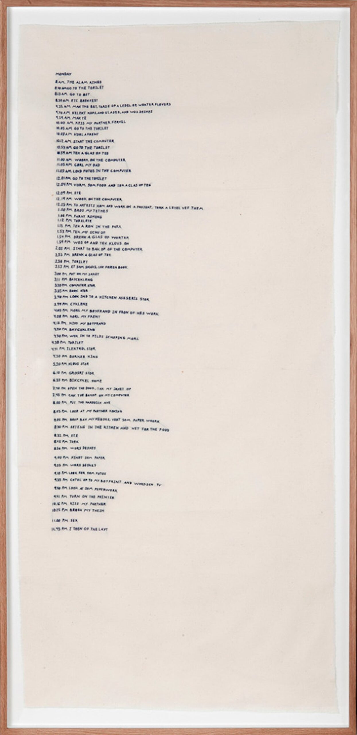 Gudrun Hasle: minutes, hours, days, week (Monday). Embroidery on canvas, 145 x 65 cm, 2010